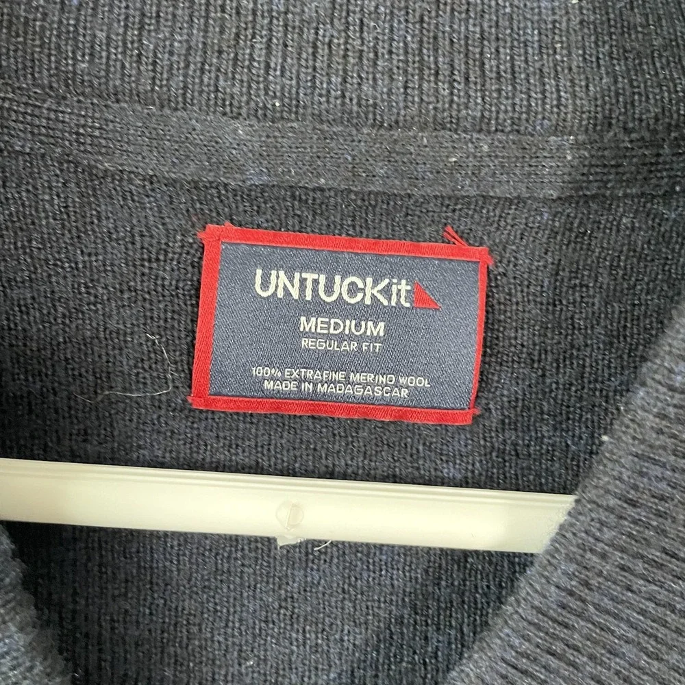 UNTUCKit Sweater Mens Medium Blue Merino Wool Full Zip Mock Neck Elbow Patch‎